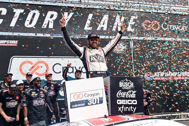 Jul 17, 2023; Loudon, New Hampshire, USA; NASCAR Cup Series driver Martin Truex Jr. (19) celebrates winning the Crayon 301 at New Hampshire Motor Speedway.